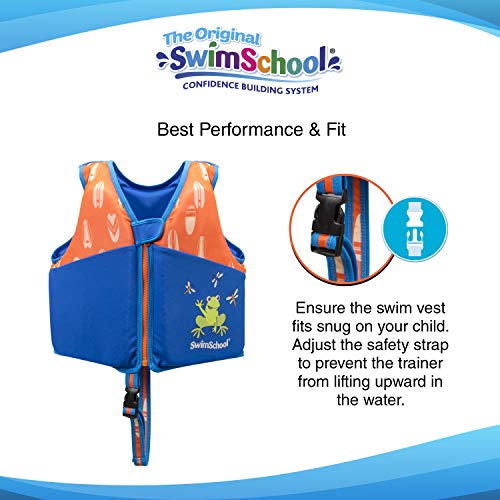 New SwimSchool Swim Trainer Vest – Small/Medium Max 33 Pounds – Kids Swim Vest with Padded Shoulders – Comfortable Flex-Form-Fit Design with Adjustable Safety Strap – Blue/Orange