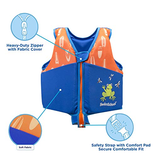 New SwimSchool Swim Trainer Vest – Small/Medium Max 33 Pounds – Kids Swim Vest with Padded Shoulders – Comfortable Flex-Form-Fit Design with Adjustable Safety Strap – Blue/Orange