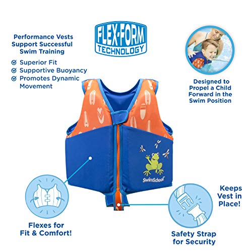 New SwimSchool Swim Trainer Vest – Small/Medium Max 33 Pounds – Kids Swim Vest with Padded Shoulders – Comfortable Flex-Form-Fit Design with Adjustable Safety Strap – Blue/Orange