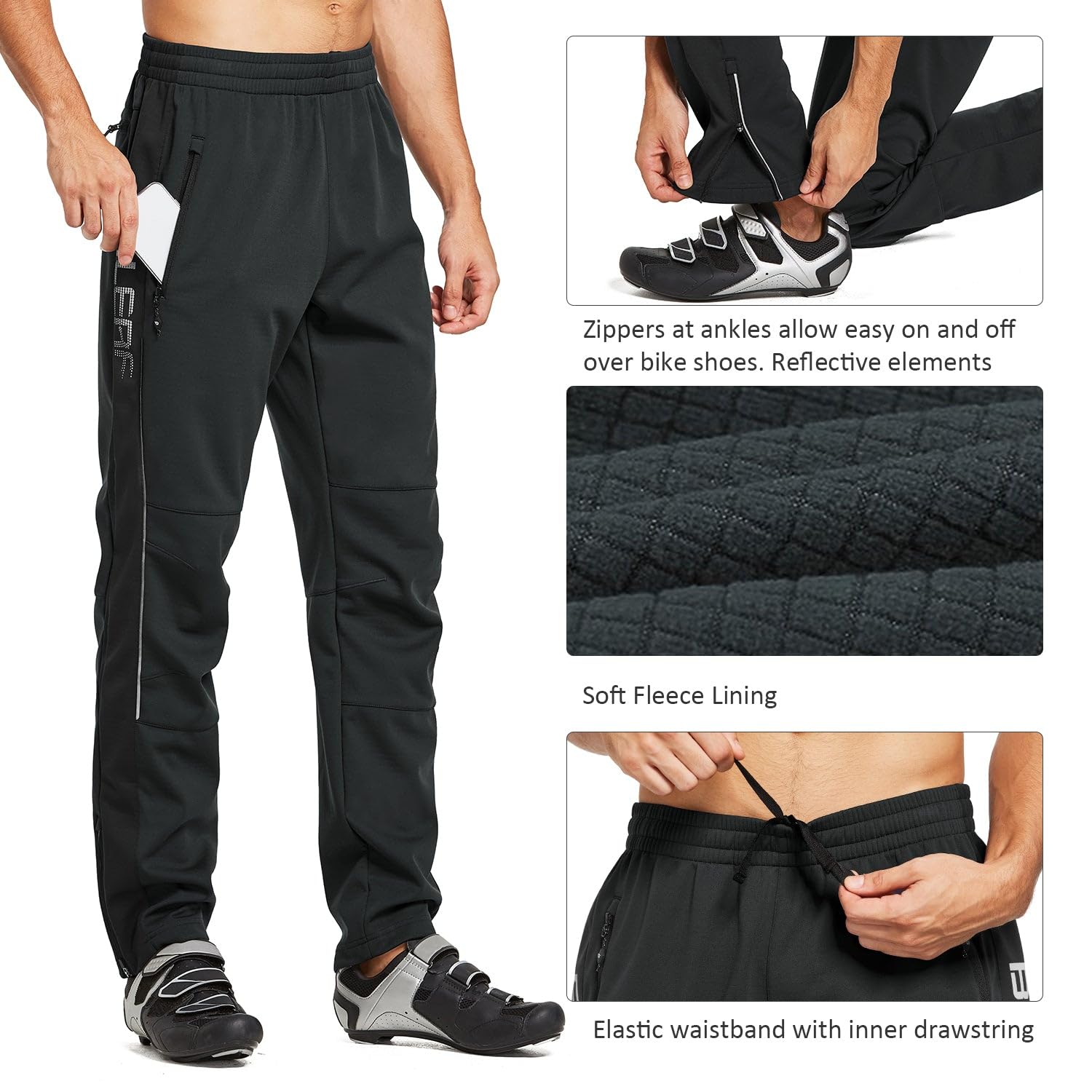 BALEAF Men's Fleece Lined Pants Winter Running Cycling Pants Cold Weather Mountain Bike Windproof Bicycle Gear Black M