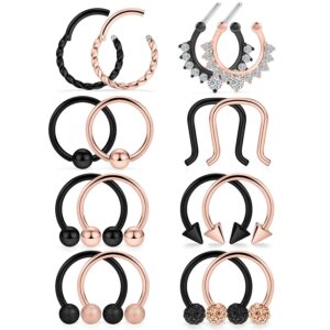 SCERRING 16PCS 16G Stainless Steel Hinged Seamless Septum Hoop Nose Ring Horseshoe Rings Cartilage Daith Tragus Clicker Retainer Body Piercing Jewelry Clear CZ Black & Rose Gold