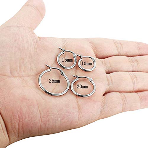 CVAYU 4 Pairs Stainless Steel Round Hoop Cute Huggie Earrings For Women Girls Small Hoop Earring Set(10mm,15mm,20mm,25mm) (Silver Tone-4Pairs)