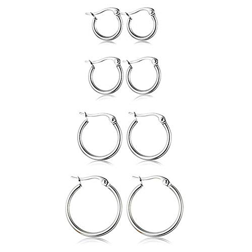 CVAYU 4 Pairs Stainless Steel Round Hoop Cute Huggie Earrings For Women Girls Small Hoop Earring Set(10mm,15mm,20mm,25mm) (Silver Tone-4Pairs)