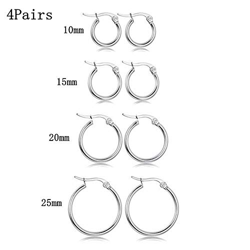 CVAYU 4 Pairs Stainless Steel Round Hoop Cute Huggie Earrings For Women Girls Small Hoop Earring Set(10mm,15mm,20mm,25mm) (Silver Tone-4Pairs)