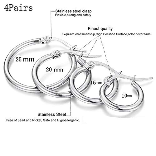 CVAYU 4 Pairs Stainless Steel Round Hoop Cute Huggie Earrings For Women Girls Small Hoop Earring Set(10mm,15mm,20mm,25mm) (Silver Tone-4Pairs)