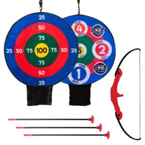 Franklin Sports Kids Archery Target Set - 1 Bow, 3 Self-Stick Arrows - Over The Door - Height-Adjustable Target - Perfect for Indoor Play, Red/Blue