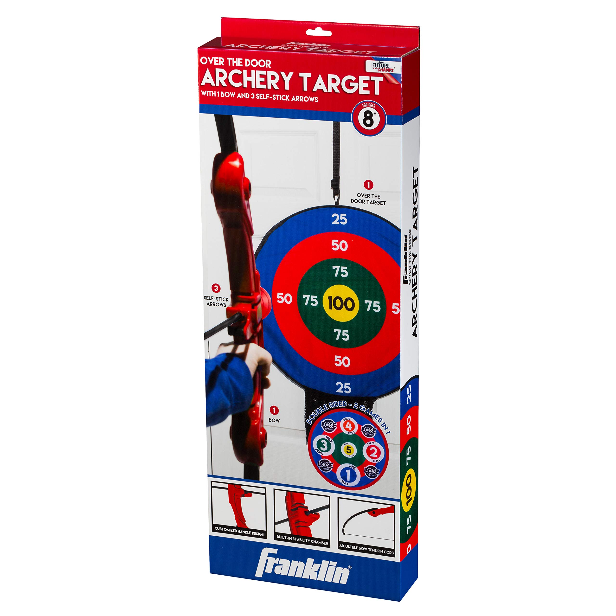 Franklin Sports Kids Archery Target Set - 1 Bow, 3 Self-Stick Arrows - Over The Door - Height-Adjustable Target - Perfect for Indoor Play, Red/Blue