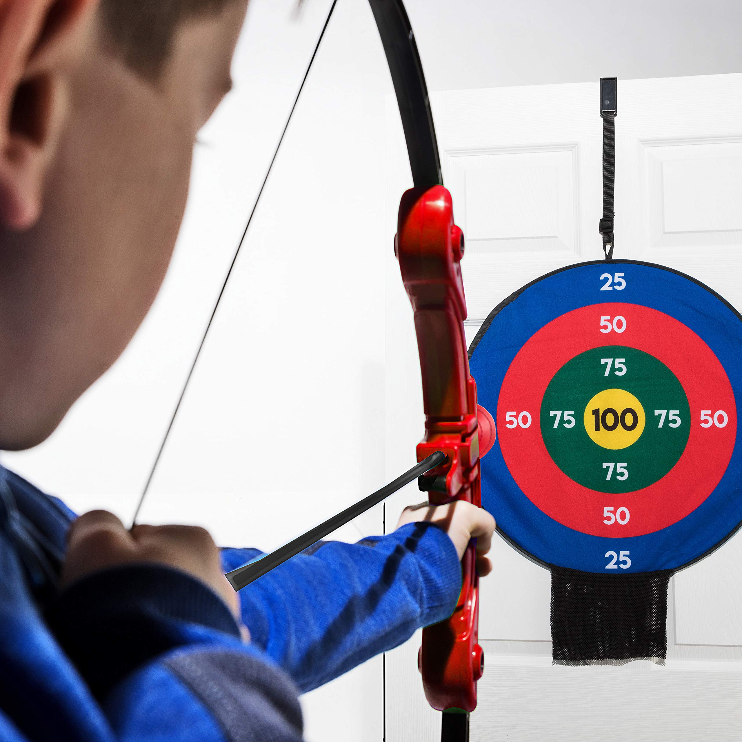 Franklin Sports Kids Archery Target Set - 1 Bow, 3 Self-Stick Arrows - Over The Door - Height-Adjustable Target - Perfect for Indoor Play, Red/Blue