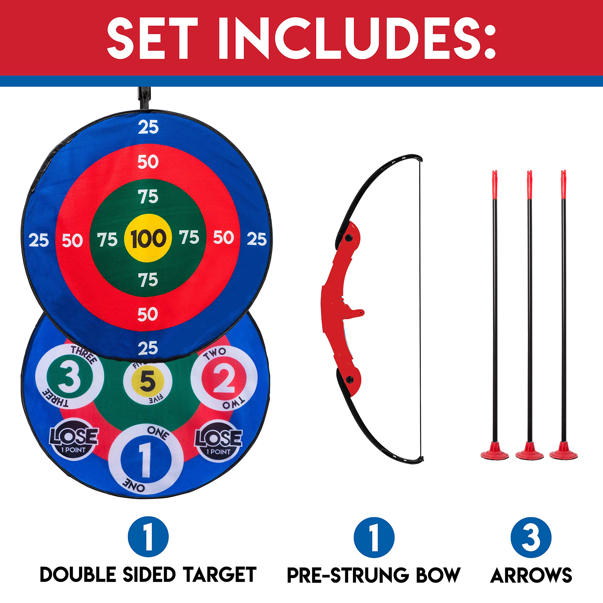 Franklin Sports Kids Archery Target Set - 1 Bow, 3 Self-Stick Arrows - Over The Door - Height-Adjustable Target - Perfect for Indoor Play, Red/Blue