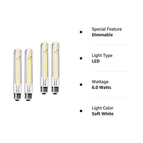 VCTC Lighting Dimmable 6W Tubular LED Bulbs, 3000K Warm White,Edison Style Filament Light Bulb, T10 Vintage Bulb 60 Watt Equivalent, E26 Medium Base 550LM,Clear Glass Cover, 7.3in(185mm),4-Pack