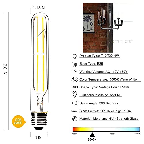 VCTC Lighting Dimmable 6W Tubular LED Bulbs, 3000K Warm White,Edison Style Filament Light Bulb, T10 Vintage Bulb 60 Watt Equivalent, E26 Medium Base 550LM,Clear Glass Cover, 7.3in(185mm),4-Pack