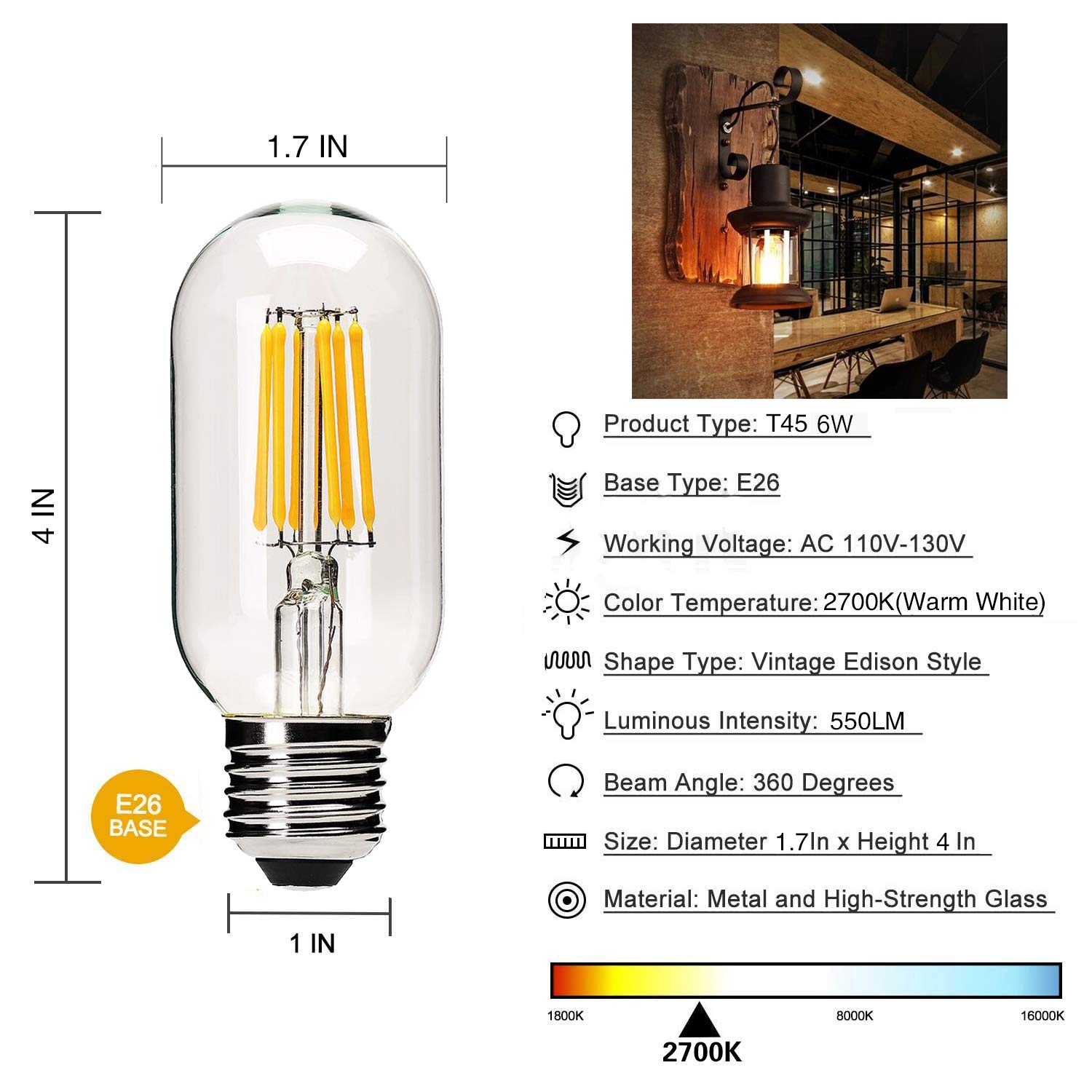 YFXRLIGHT Dimmable T45 LED Edison Bulb,2700K Warm White,6W Antique Tubular LED Filament Bulbs,60 Watt Equivalent E26 Base,550Lm,Pack of 6