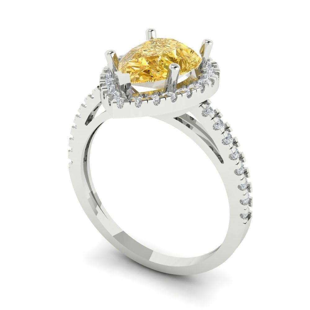 Clara Pucci 2.39ct Pear Cut Solitaire Halo Canary Yellow Simulated Diamond Designer Wedding Anniversary Bridal Ring 14k White Gold