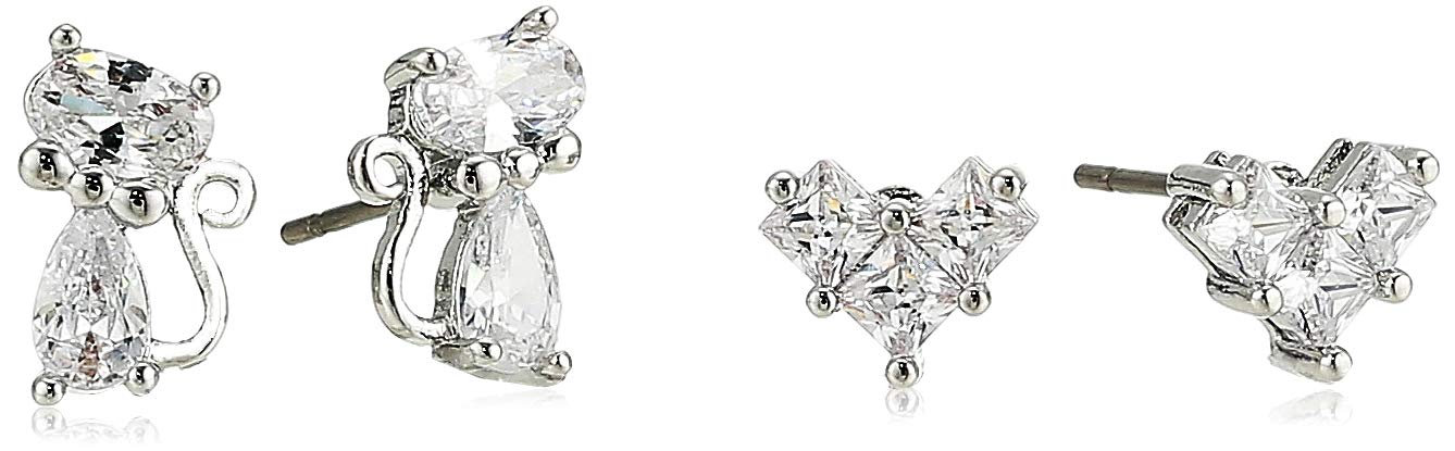 Betsey Johnson CZ Stone Delicate Cat & Bow Duo Stud Earrings Set