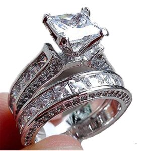 luxury and shining 2-in-1 womens vintage white diamond silver engagement wedding band ring set