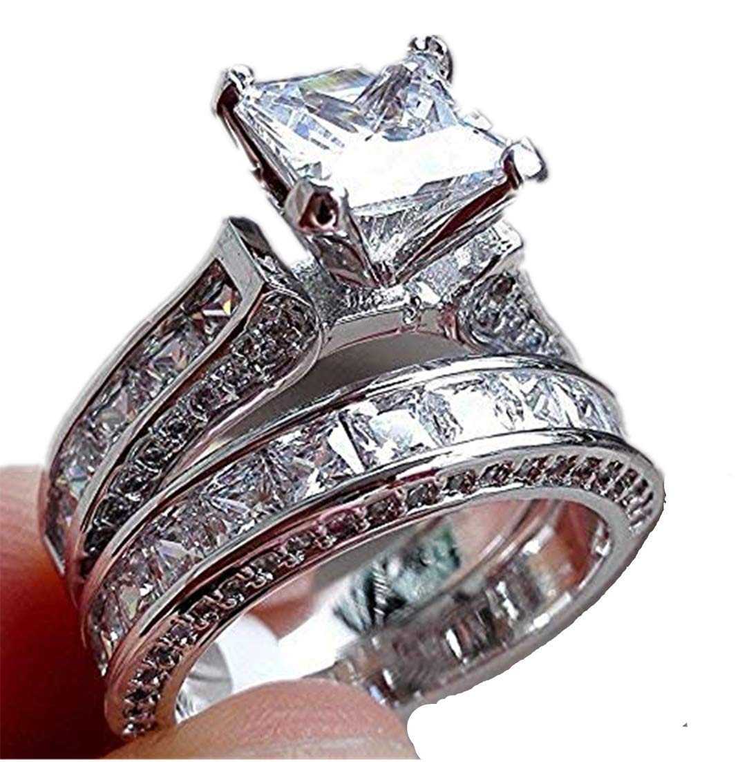 Luxury and Shining 2-in-1 Womens Vintage White Diamond Silver Engagement Wedding Band Ring Set