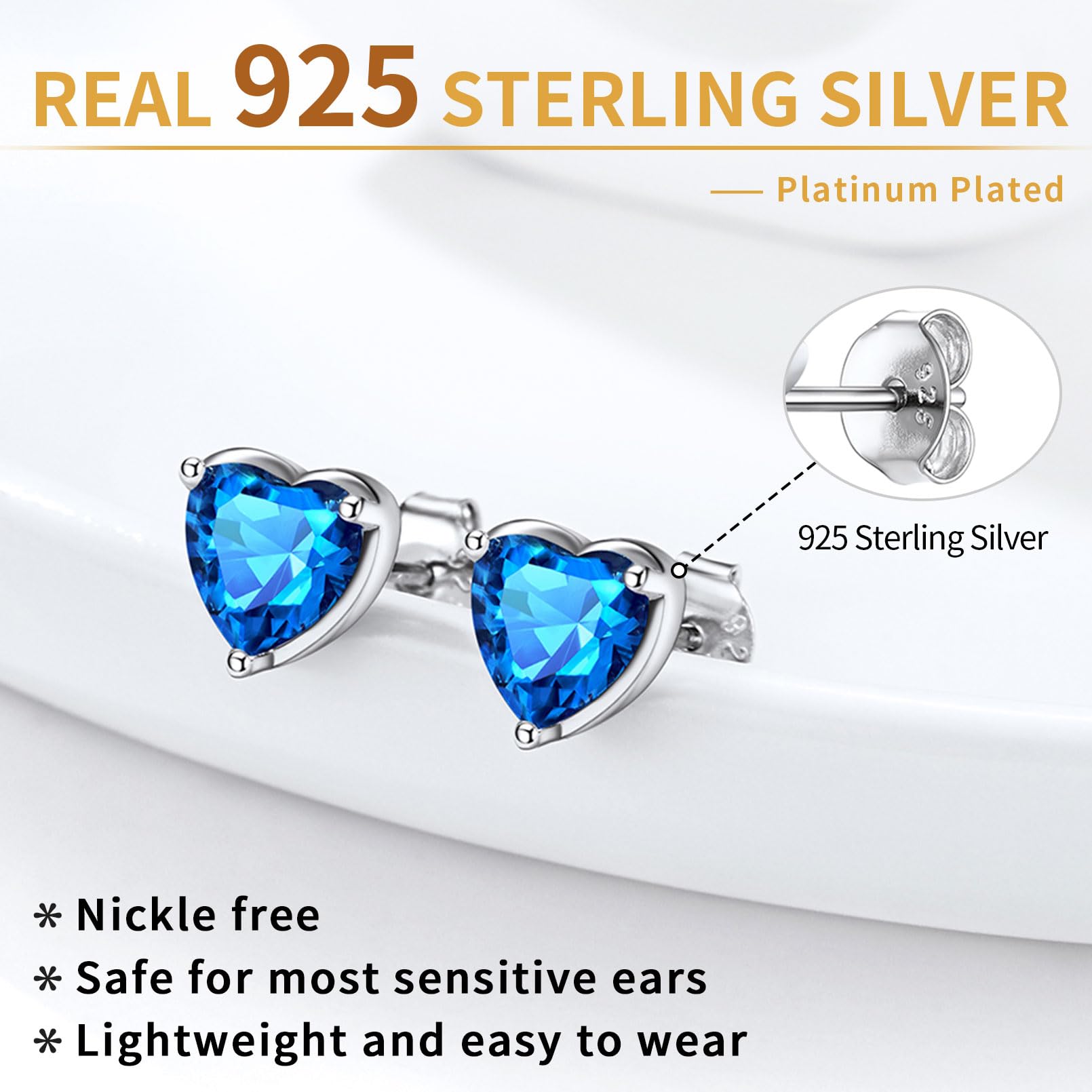 ChicSilver Earrings 925 Sterling Silver Heart Earrings, Crystal March Birthstone Aquamarine Earrings, Gem Stone Light Blue Earrings for Women Sensitive Ears