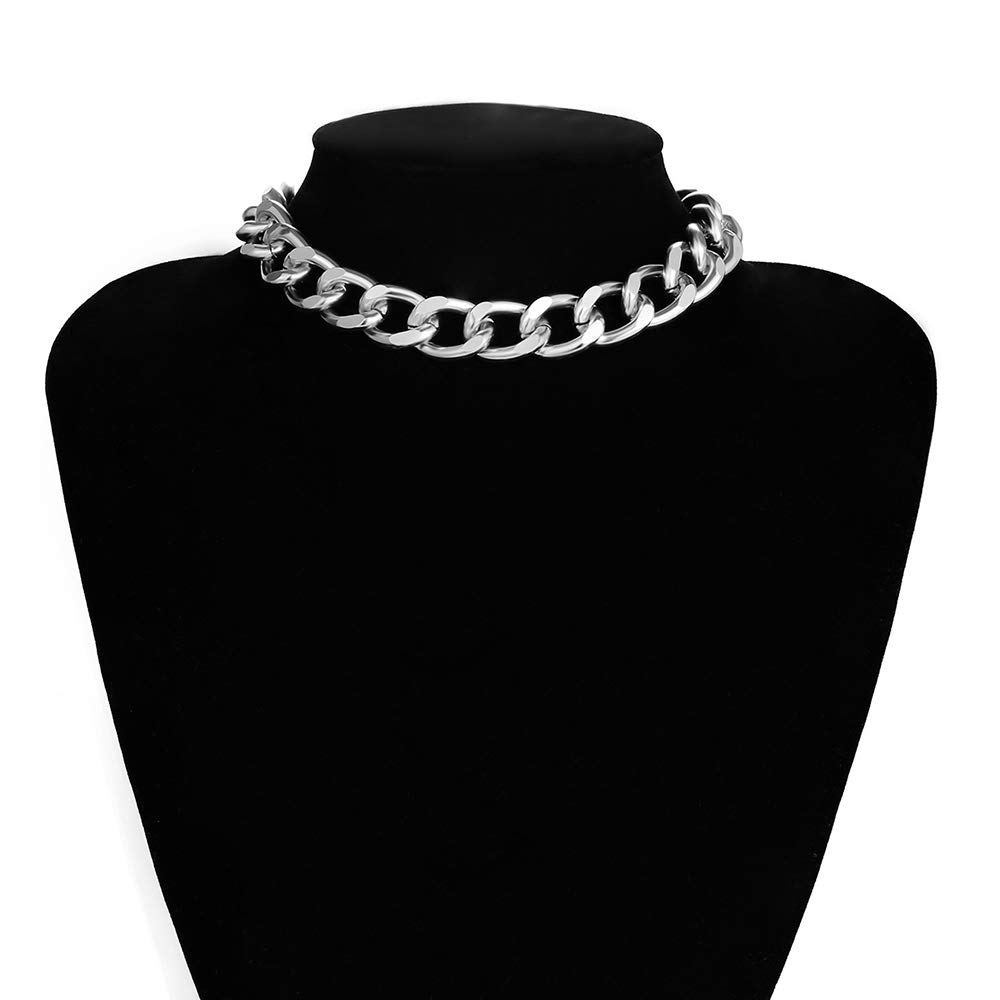 Daimay Women's Alloy Choker Necklace Heavy Cuban Chunky Chain Punk Gothic Hip Hop Metal Necklaces - Silver -Small Size