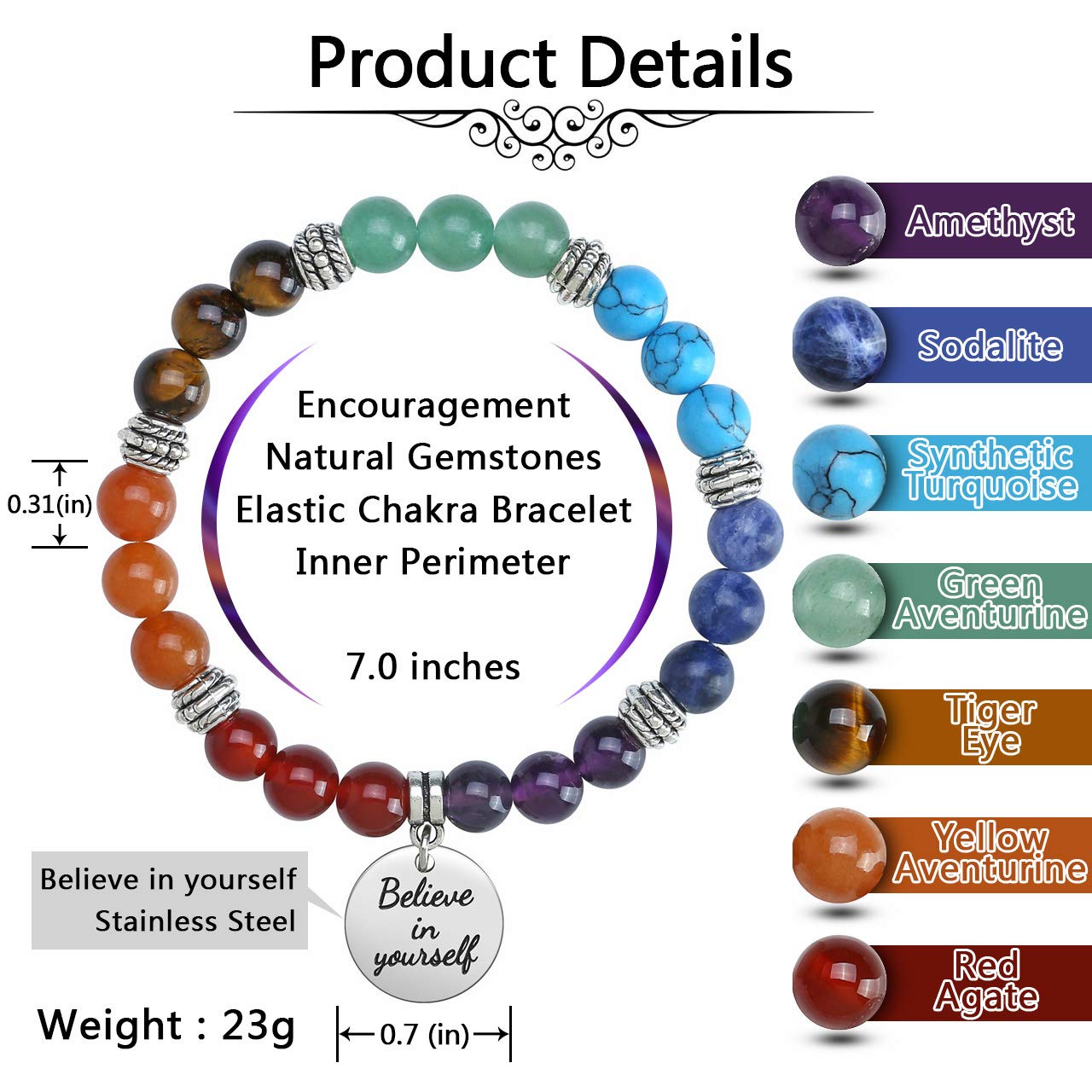 Jovivi 7 Chakra Bracelets for Women Natural Gemstone Yoga Beads Reiki Healing Crystals Stone Beaded Bracelet Believe in yourself Inspirational Charm Stretch Bracelets