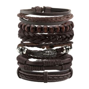 manfnee 6pcs braided faux leather bracelet punk cuff wrap bracelets for men women adjustable brown