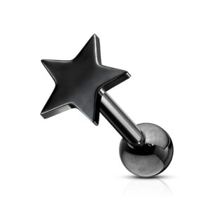 Amelia Fashion 16 Gauge Flat Star Cartilage/Tragus Stud 316L Surgical Steel (Choose Color) (Black)