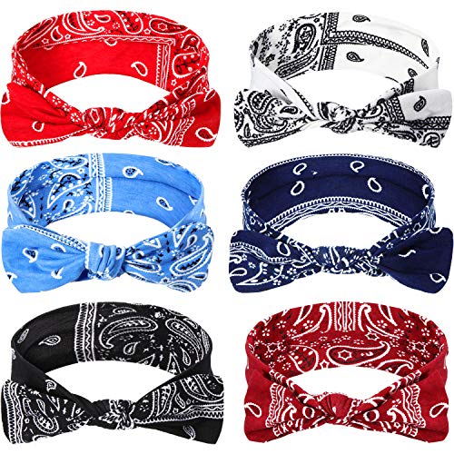 Blulu 6 Pieces Bandana Paisley Headbands Boho Bow Knot Headwrap Retro Flower Printed Elastic Rabbit Ear Hairband for Girls and Women 6 Colors