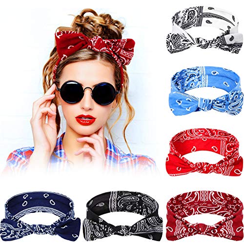 Blulu 6 Pieces Bandana Paisley Headbands Boho Bow Knot Headwrap Retro Flower Printed Elastic Rabbit Ear Hairband for Girls and Women 6 Colors