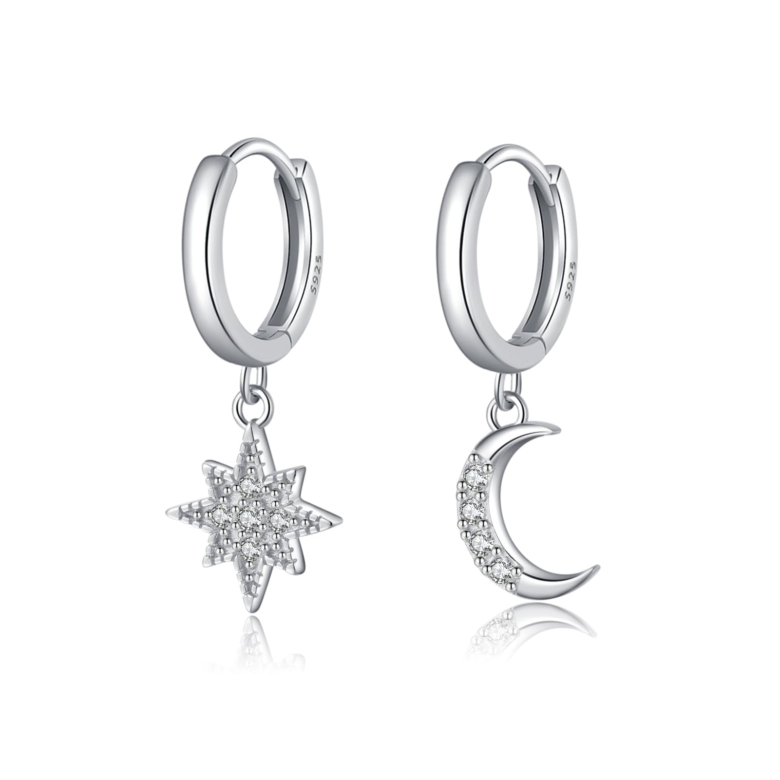 Reffeer 925 Sterling Silver Moon Star Dangle Earrings Hoop for Women Teens CZ Moon Star Hoop Earrings Huggie Dangle Earrings Asymmetrical (A-Silver)