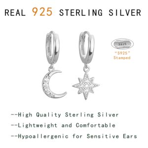 Reffeer 925 Sterling Silver Moon Star Dangle Earrings Hoop for Women Teens CZ Moon Star Hoop Earrings Huggie Dangle Earrings Asymmetrical (A-Silver)