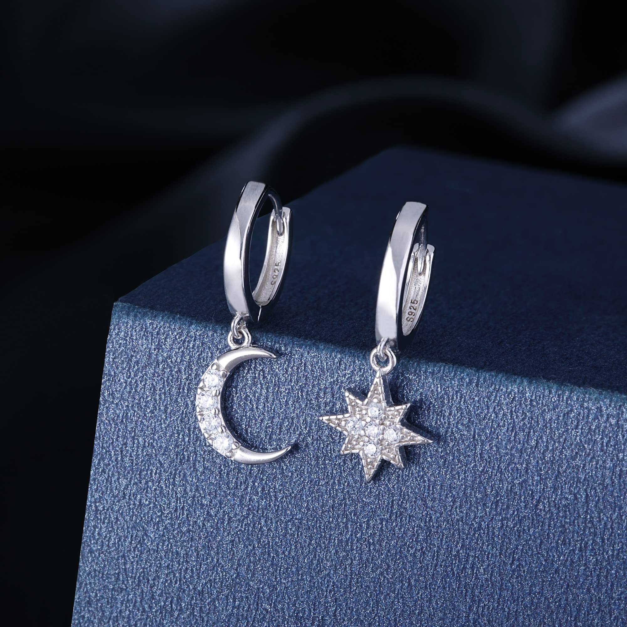 Reffeer 925 Sterling Silver Moon Star Dangle Earrings Hoop for Women Teens CZ Moon Star Hoop Earrings Huggie Dangle Earrings Asymmetrical (A-Silver)