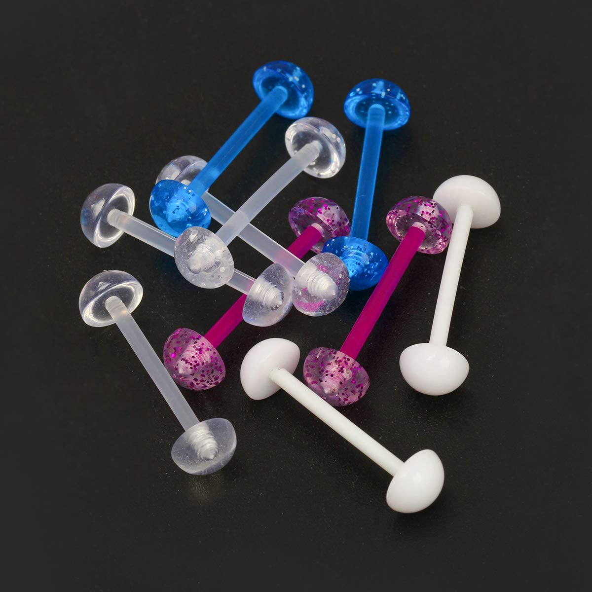 CrazyPiercing 5Pair Acrylic Tongue Rings 14G Flexible Glitter Half Ball Tongue Barbell Retainer Body Piercing Jewelry Bar Length 16mm