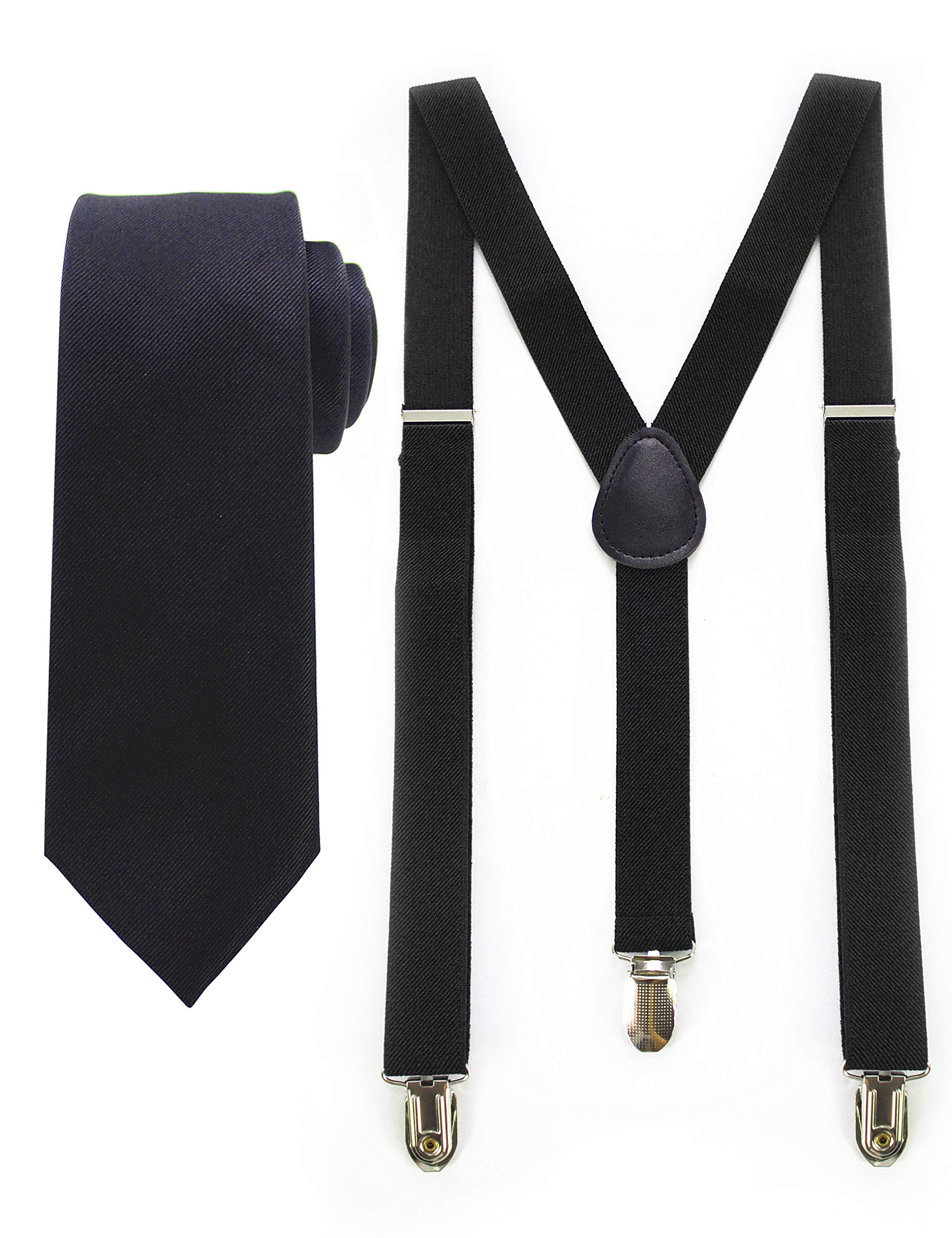 JEMYGINS Black Suspender and Silk Skinny Tie Sets for Men Slim Necktie (Black)