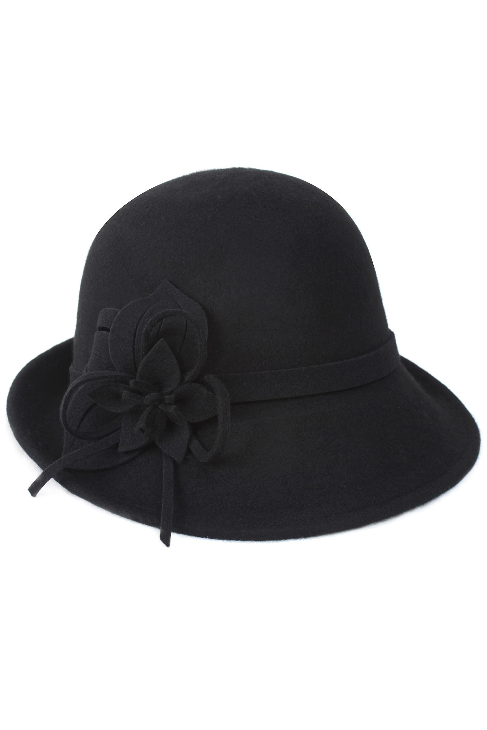 BABEYOND Womens 1920s Bucket Cloche Hat Gatsby Winter Wool Crushable Bowler Hat Vintage Cloche Round Hat with Flower Accent (Black)