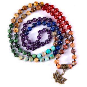 Bivei 7 Chakra 108 Mala Beads Bracelet Real Healing Gemstone Yoga Meditation Hand Knotted Mala Prayer Bead Necklace(Lotus OM-6mm beads)