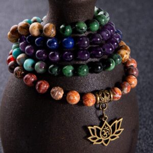 Bivei 7 Chakra 108 Mala Beads Bracelet Real Healing Gemstone Yoga Meditation Hand Knotted Mala Prayer Bead Necklace(Lotus OM-6mm beads)