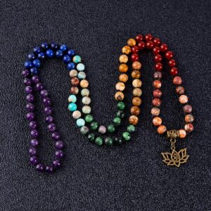 Bivei 7 Chakra 108 Mala Beads Bracelet Real Healing Gemstone Yoga Meditation Hand Knotted Mala Prayer Bead Necklace(Lotus OM-6mm beads)