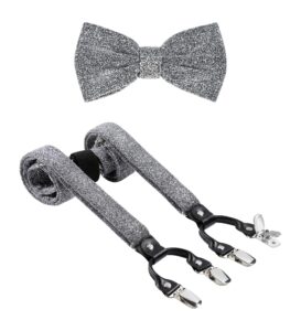 tie g men's glitter velvet suspender + bow tie set for wedding, party : glittering effects, adjustable braces, strong 6 clips (twinkle silver)