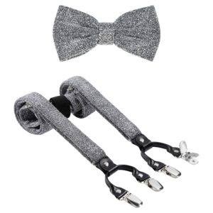 TIE G Men's Glitter Velvet Suspender + Bow Tie Set for Wedding, Party : Glittering Effects, Adjustable Braces, Strong 6 Clips (Twinkle Silver)