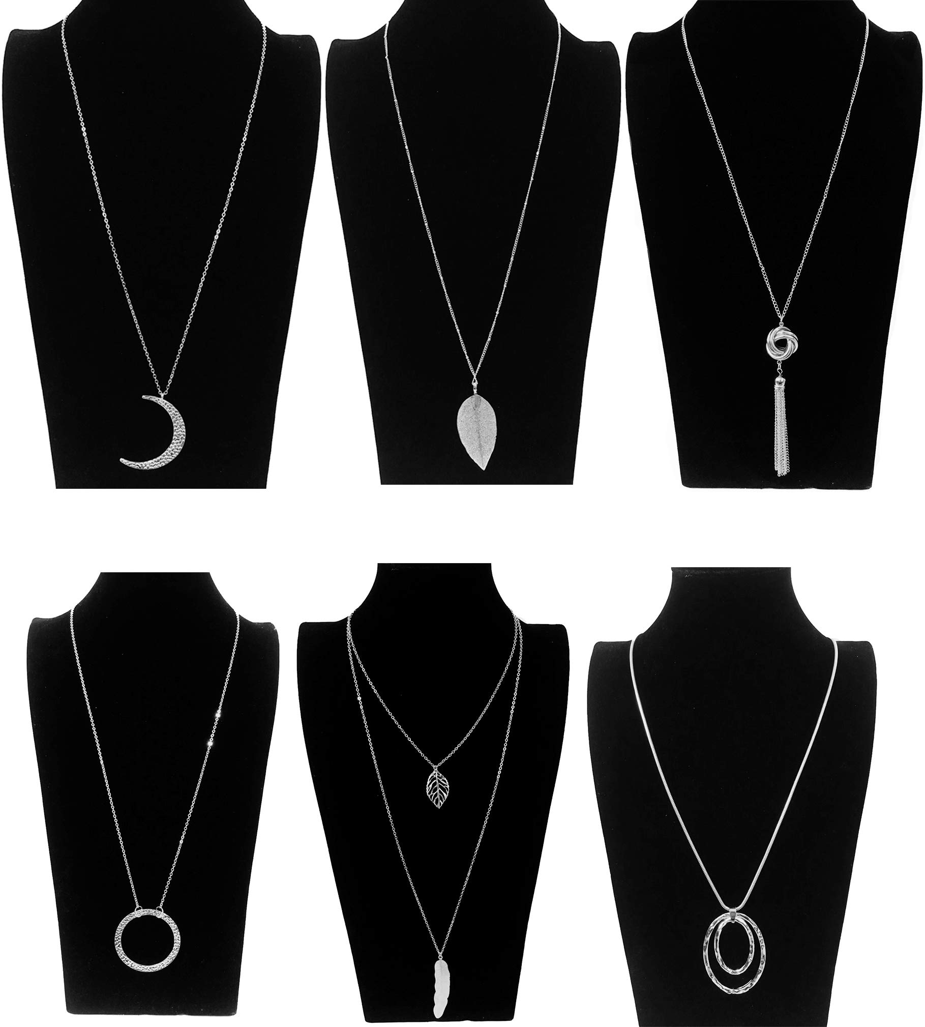 Ofeiyaa 10Pcs Long Pendant Necklace Simple Moon Bar Three Triangle Tassel Lock Sweater Y Shape Punk Chain Choker Necklace for Adults Women Silver Tone