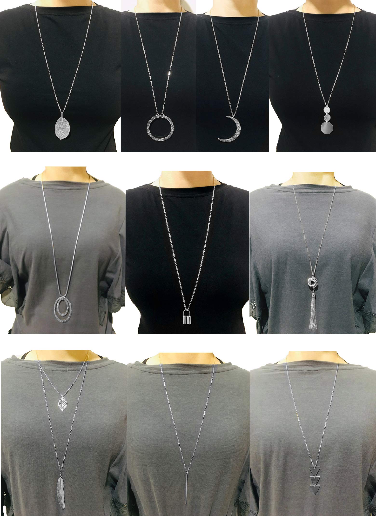 Ofeiyaa 10Pcs Long Pendant Necklace Simple Moon Bar Three Triangle Tassel Lock Sweater Y Shape Punk Chain Choker Necklace for Adults Women Silver Tone