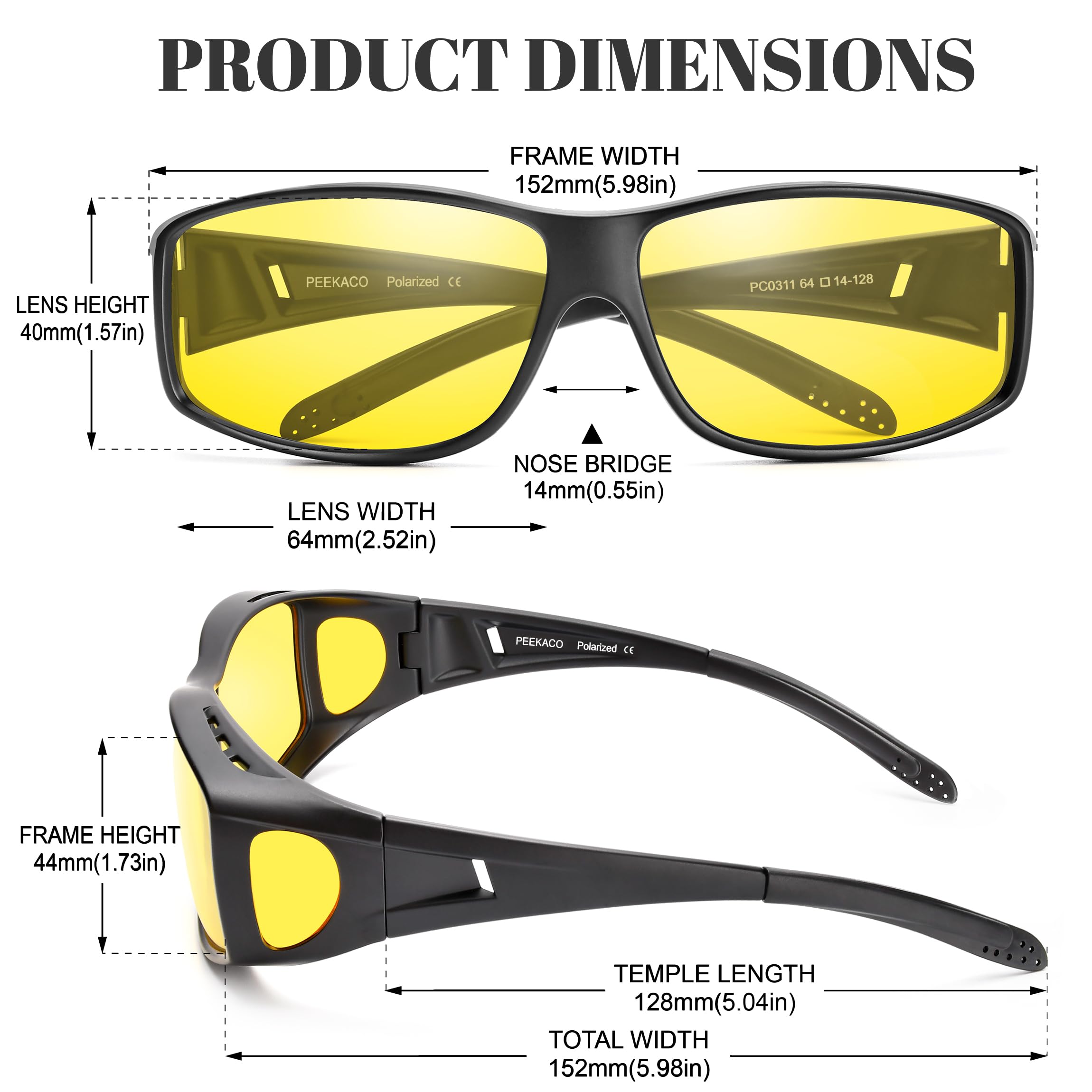 Peekaco Night Vision Driving Glasses Fit Over Glasses, Wrap Around Nighttime Glasses Anti Glare Polarized for Men Women