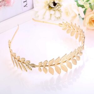 Finrezio Greek Goddess Headband Arm Cuff Bridal Jewelry Set Roman Laurel Leaf Branch Crown Armlet Upper Arm Band Bracelet Adjustable (A:Gold tone)