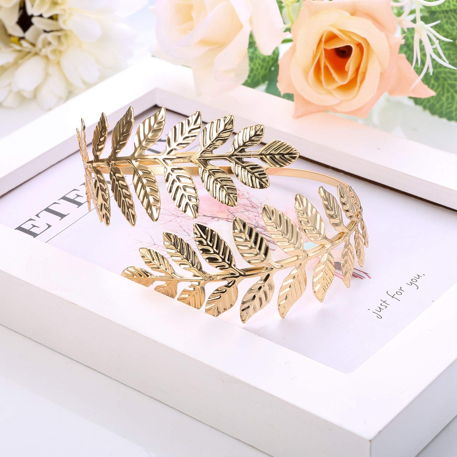 Finrezio Greek Goddess Headband Arm Cuff Bridal Jewelry Set Roman Laurel Leaf Branch Crown Armlet Upper Arm Band Bracelet Adjustable (A:Gold tone)