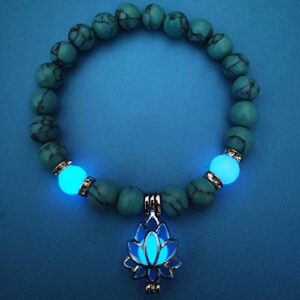 Luminous Glowing in the Dark Moon Lotus Flower Shaped Charm Bracelet for Women Natural Turquoise Stones Yoga Prayer Jewelry