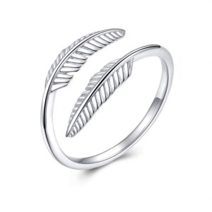 PRAYMOS Sterling Silver Feather Ring Leaf Ring Thumb Rings for Women Adjustable Wrap Open Ring for Different Fingers US Size 7 8 9