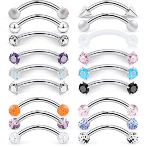 Lcolyoli 18 Pcs 16G Surgical Steel Eyebrow Piercing Rings Colorful Diamond CZ Curved Barbell Rook Daith Piercing Body Jewelry for Women Men Silver-tone 8mm 5/16 inch