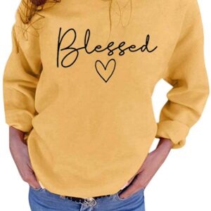 UNIQUEONE Blessed Sweatshirt for Women Letter Print Lightweight Thanksgiving Pullover Tops Blouse (Yellow, Large)