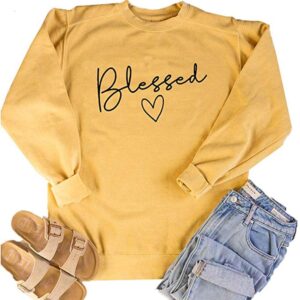 UNIQUEONE Blessed Sweatshirt for Women Letter Print Lightweight Thanksgiving Pullover Tops Blouse (Yellow, Large)