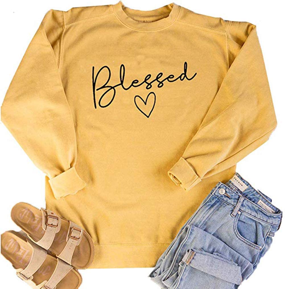 UNIQUEONE Blessed Sweatshirt for Women Letter Print Lightweight Thanksgiving Pullover Tops Blouse (Yellow, Large)