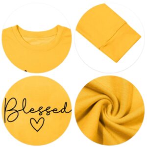 UNIQUEONE Blessed Sweatshirt for Women Letter Print Lightweight Thanksgiving Pullover Tops Blouse (Yellow, Large)